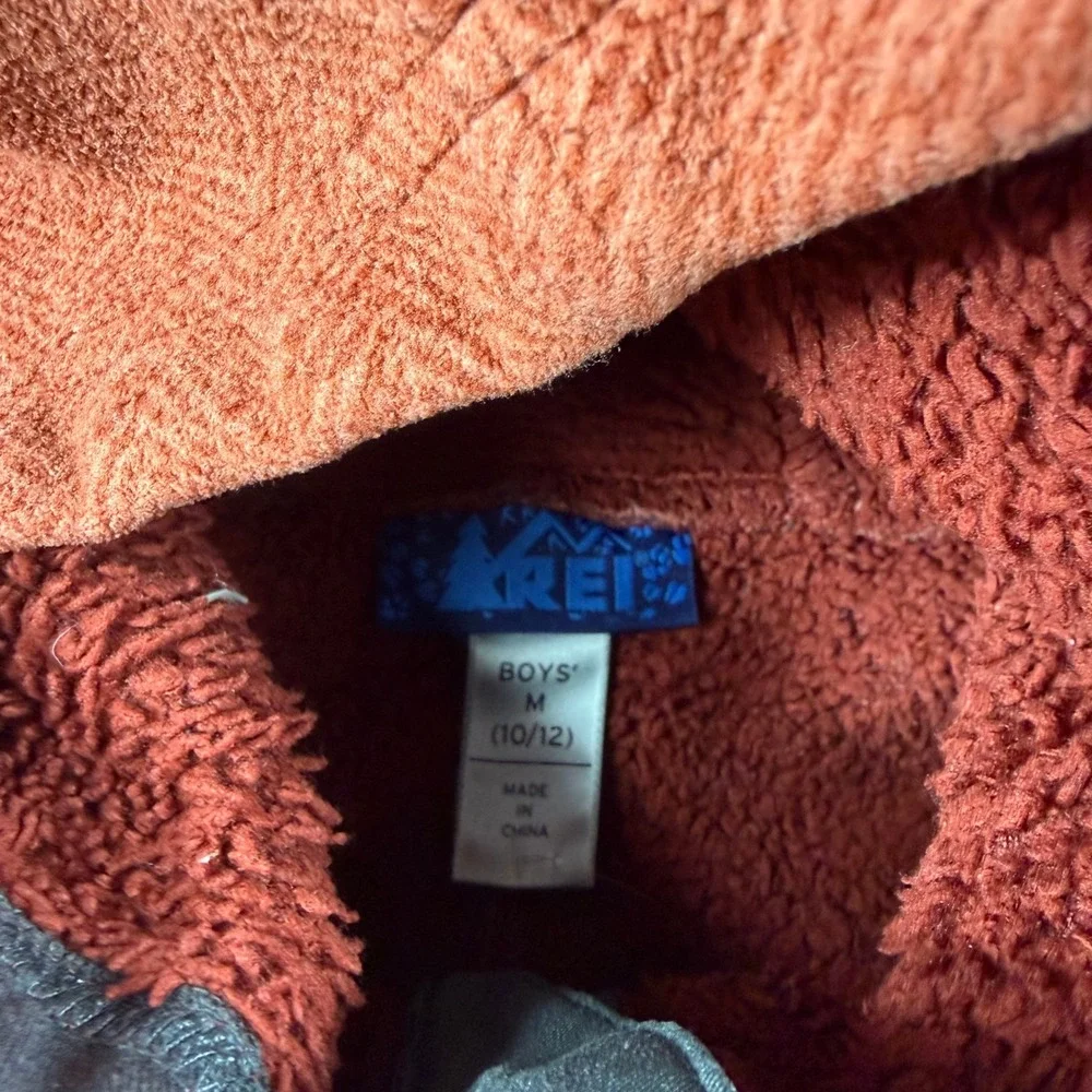 REI Fleece Jacket Boys M 10/12 Orange Herringbone Sherpa Lined Hooded Outdoor